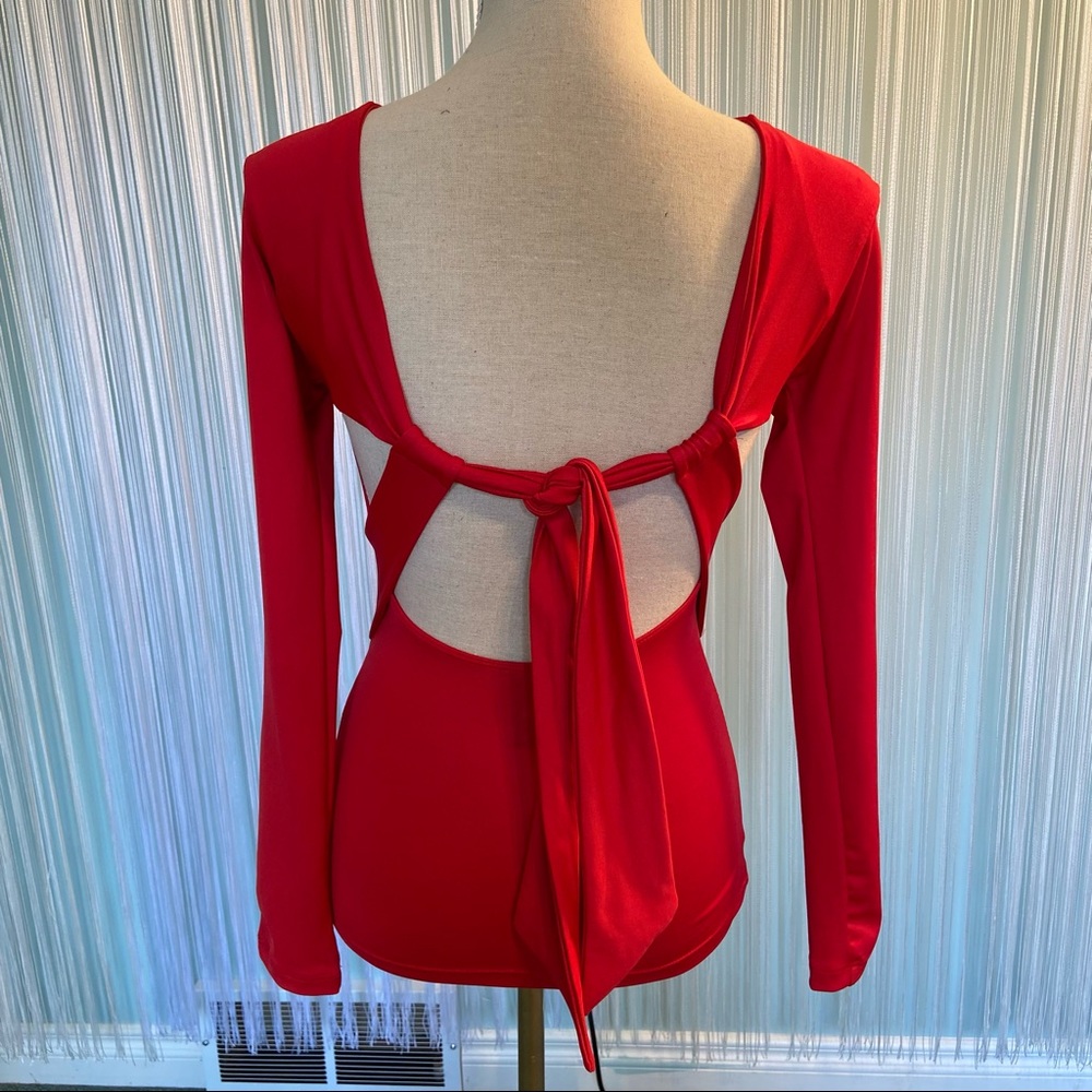 Red Long Sleeve Front Knot Cut Out Back Top Size XS